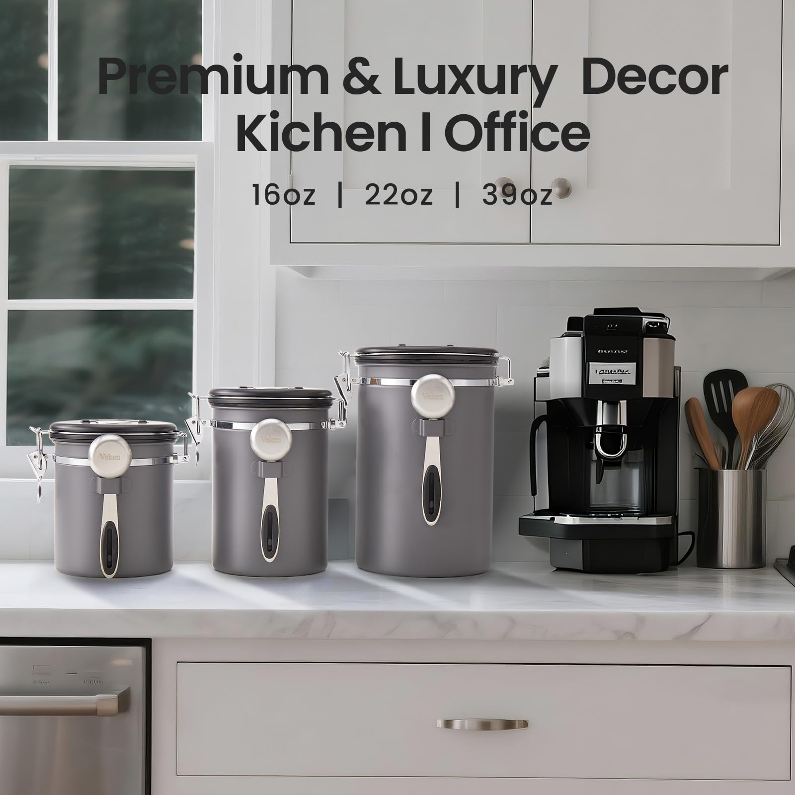 Veken Coffee Canister, Airtight Stainless Steel Kitchen Food Storage Container with Date Tracker and Scoop for Grounds Coffee, Beans, Tea, Flour, Cereal, Sugar, 22OZ, Gray