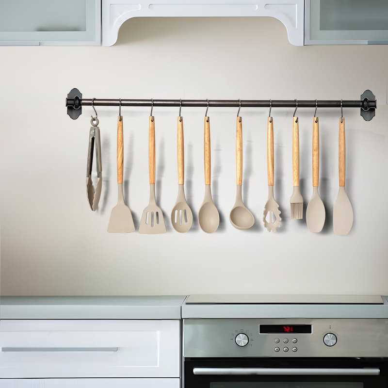 LDC Silicone Cooking Utensils Set 35 Piece with Holder - BPA Free Food Grade Silicone, Heat Resistant Wooden Handles, Cooking Spatula Set for Nonstick Cookware (Khaki)