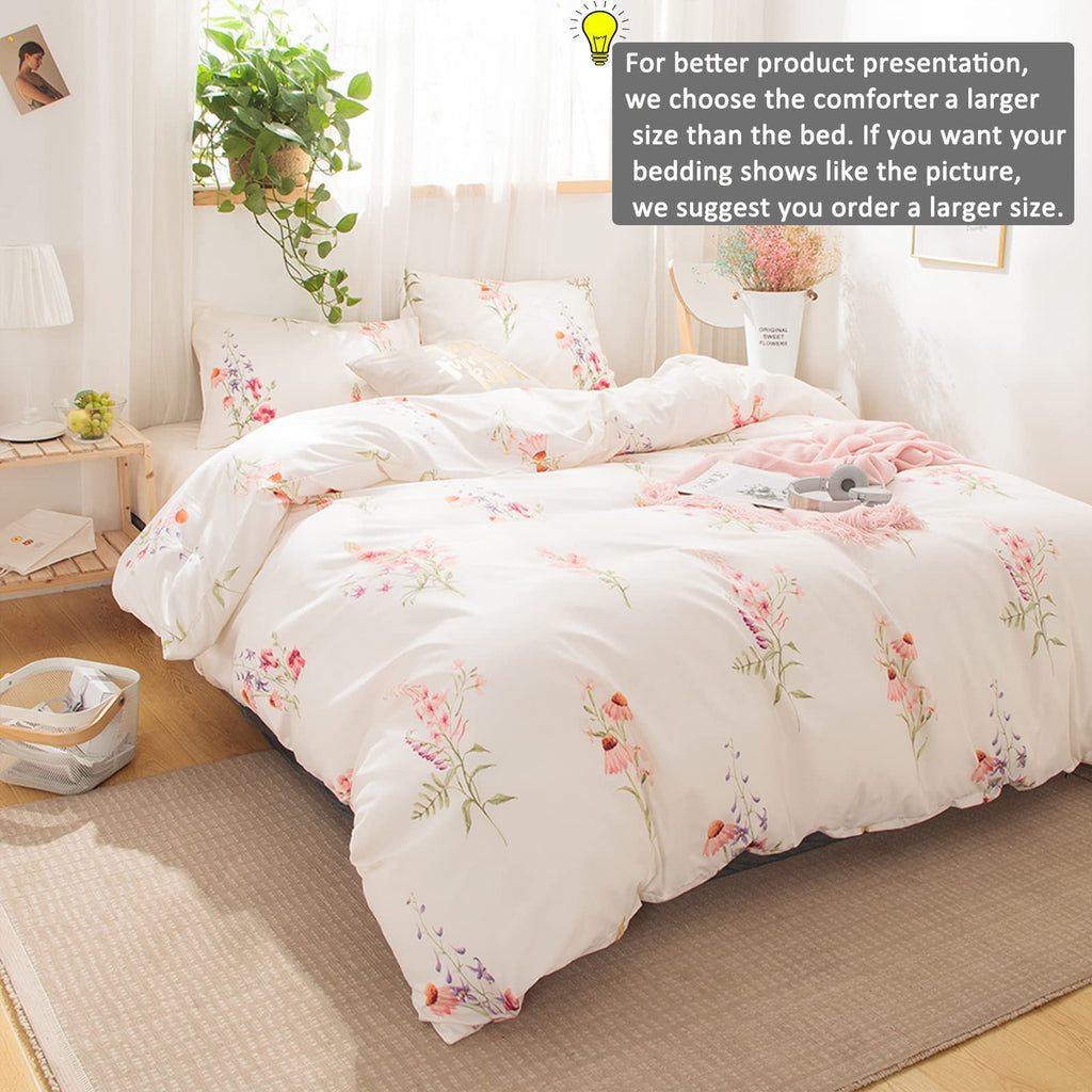 Merryword Botanical Floral Comforter Set Pink Flowers Comforter Set Pink Lavender Flowers Printed Soft Microfiber Pastoral Style Bedding Queen 1 Comforter 2 Pillowcases (Queen, Offwhite)