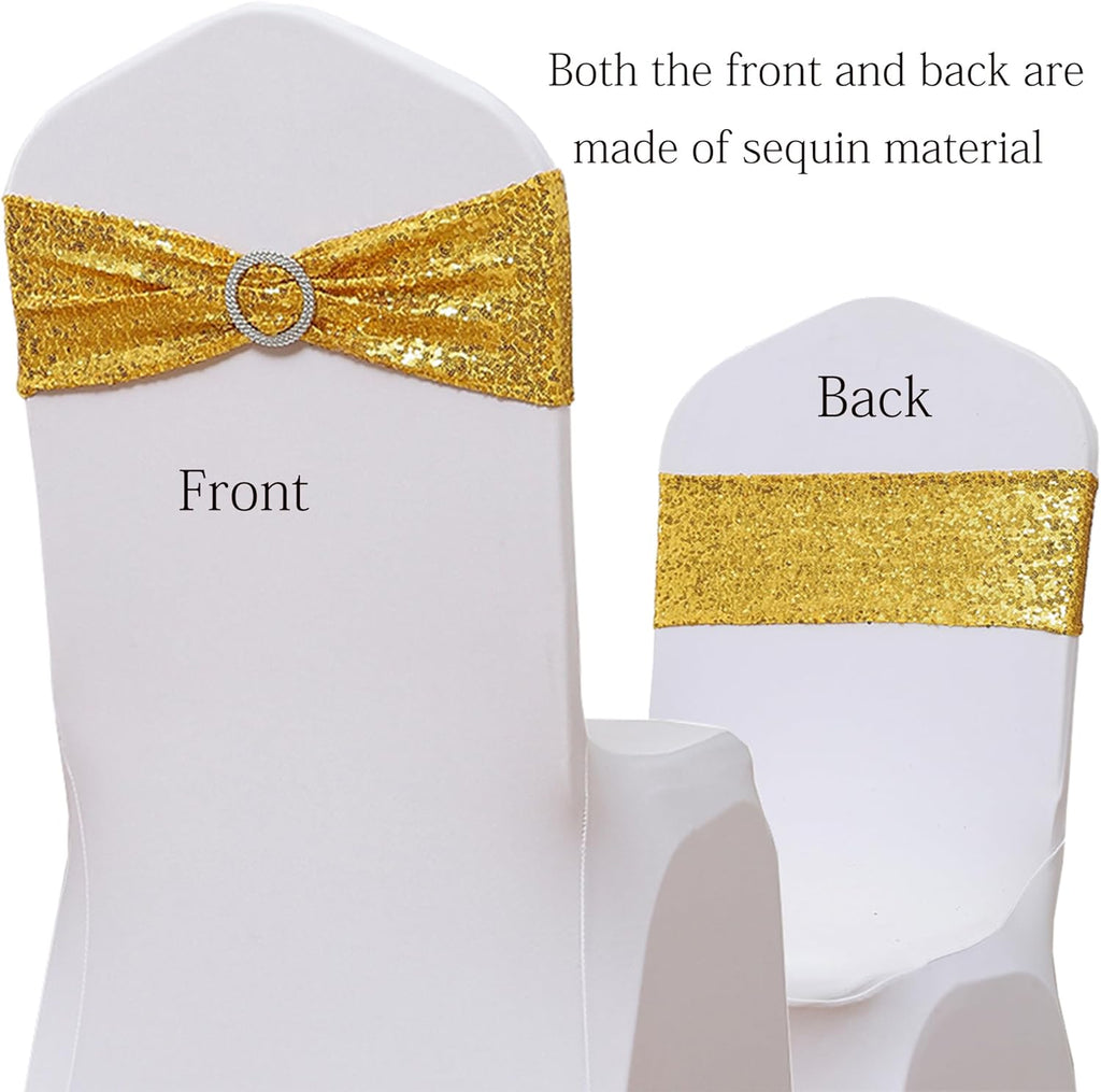 Skiennix Gold Sequin Chair Sashes - Pack of 100 Elegant Wedding & Party Decor Bands