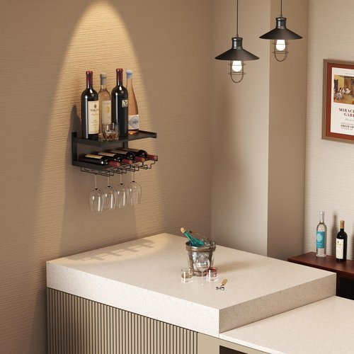 B4Life Wine Rack Wall Mounted with Stemware Hanger, Wine Glass Holder Industrial, Glass Bottle Shelf for Wall, Floating Shelves with Storage, Liquor Bottle Holder for Bar Shelves, Kitchen(Black, 1)