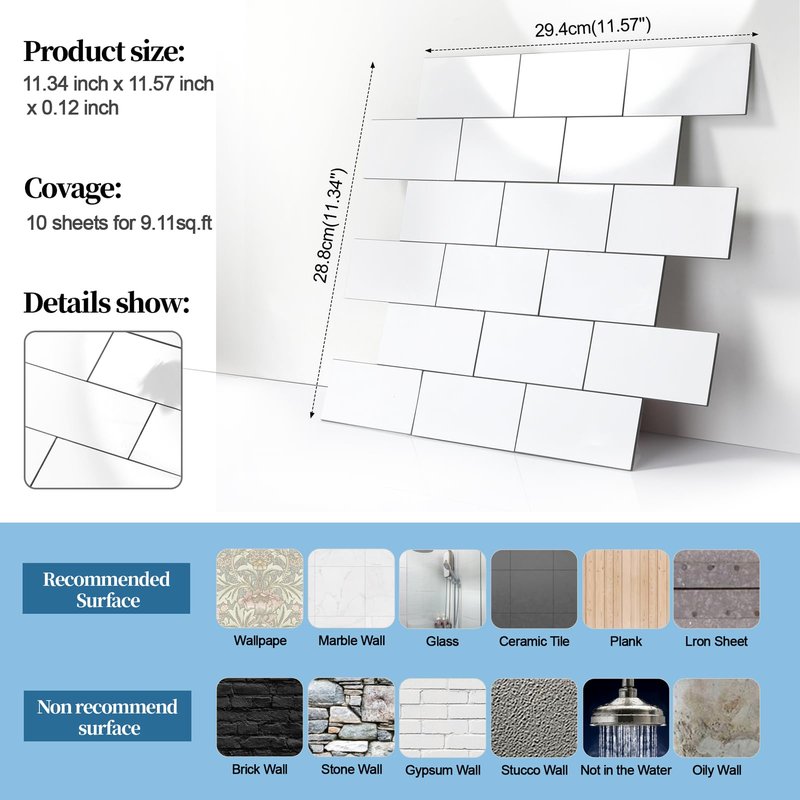 Reovatile 2026 New Upgrade Peel and Stick Backsplash Tile, Peel and Stick 11.34" X 11.57" Wall Tile for Kitchen, Bathroom, Fireplace, Laundry (Glossy White, 20 Packs)