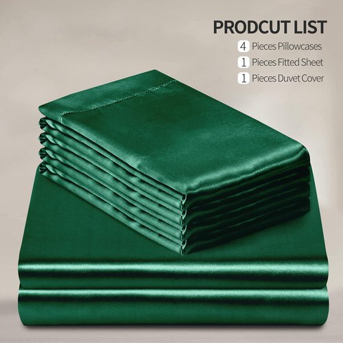 Manyshofu 6Pcs Dark Green Duvet Cover Cal King Size Set with Satin Fitted Sheet - Not Comforter, Silky Comforter Cover Set Satin Duvet Bed Sheets (4 Pillowcases, 1 Duvet Cover, 1 Fitted Sheet)