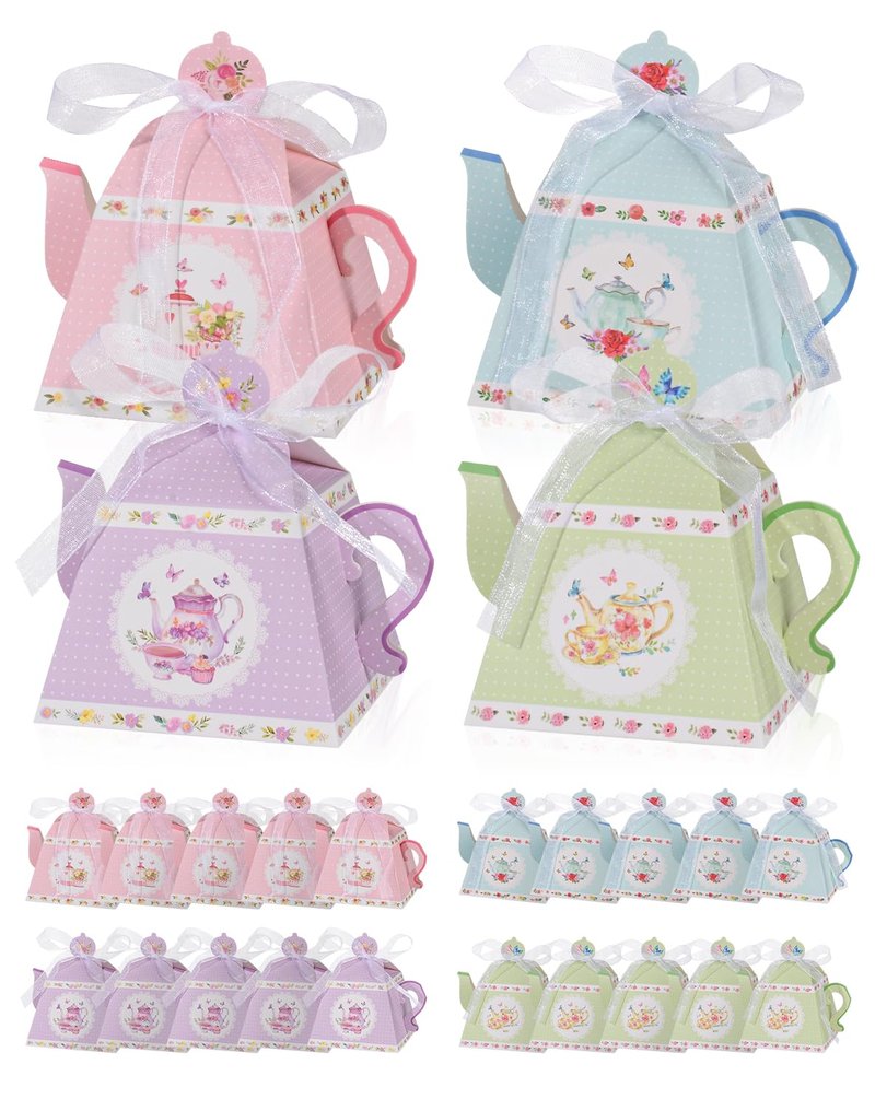 Liobelon 24 Pieces Floral Tea Party Favors Boxes Centerpiece Table Decoration Teapot Favor Boxes Tea Party Treat Gift Boxes Goodie Treat Bags Candy Boxes for Wedding Baby Shower Tea Party Decorations