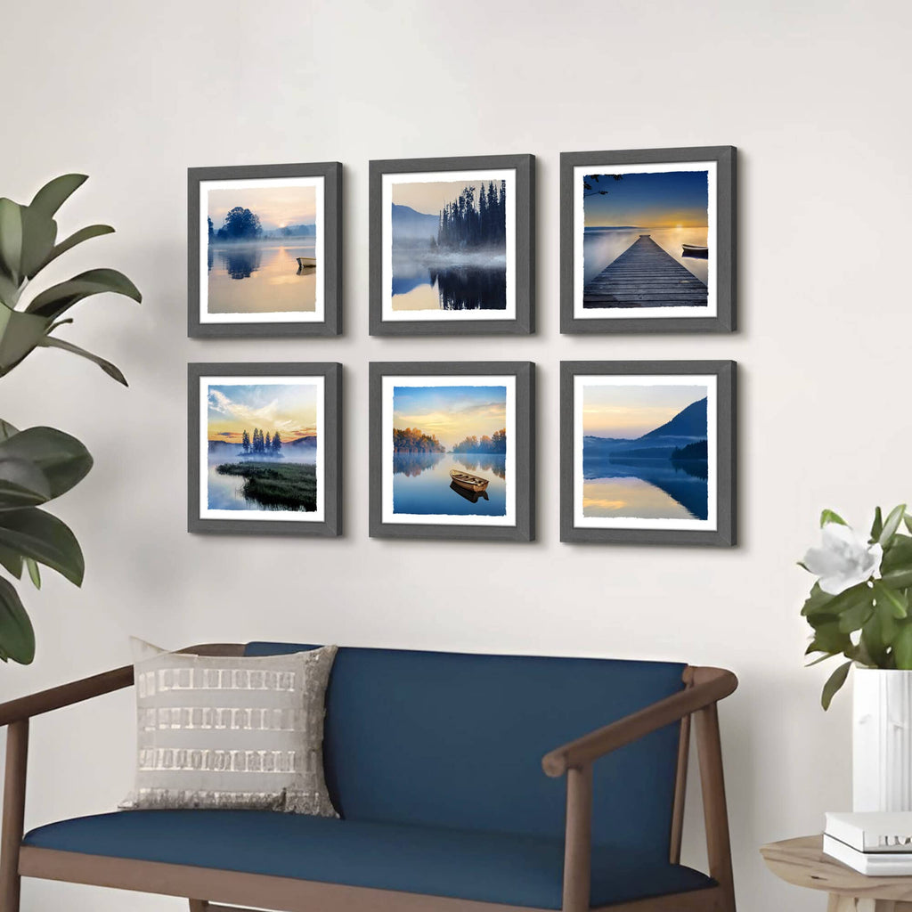 Framed Lake Landscape Wall Art: 6 Pieces Mountain Scenery Photos Prints Frames Nature Forest Painting Modern Various Stunning View Artwork Relaxing Sunset Picture for Bedroom Office