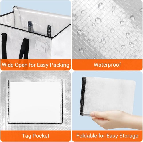 HomeHacks Clear Moving Bags - Heavy Duty 4 Pack with Zipper & Waterproof Design | 93L/24Gal (28.7"x14.2"x14")