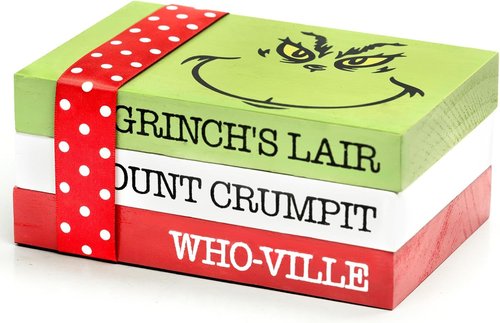 Grinch Christmas Decor - Wood Book Stack for Farmhouse Tiered Tray | Festive Home Table Decor