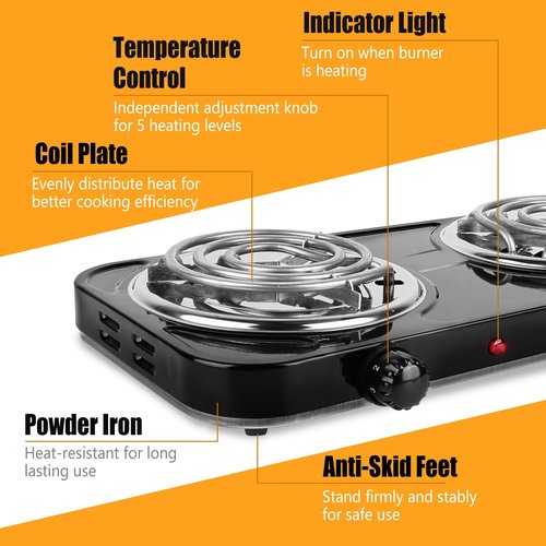 TeqHome Double Hot Plate, 2000W Portable Countertop Burner & Electric Stove, 5-Level Temp Cast Iron Double Burner Cooktop for Home/RV/Camping (Black)