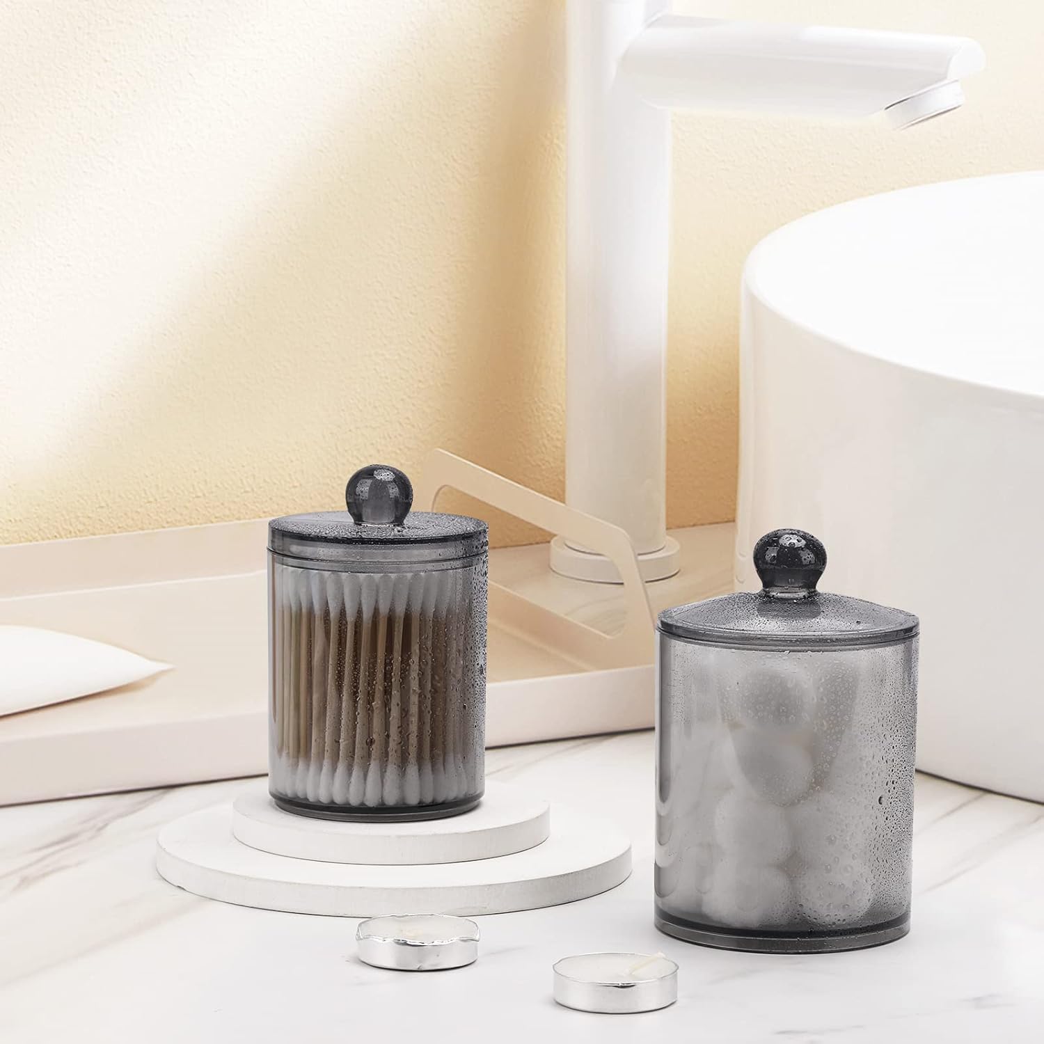 Tbestmax Qtip Holder - 10-Ounce & 12-Ounce Bathroom Organizer | Plastic Apothecary Jars with Lids - Black