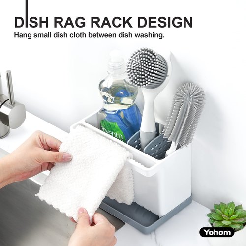 YOHOM Sink Brush Holder for Kitchen Sink Sponge Caddy Countertop Organizer Plastic Dish Scrubber Holder with Dividers