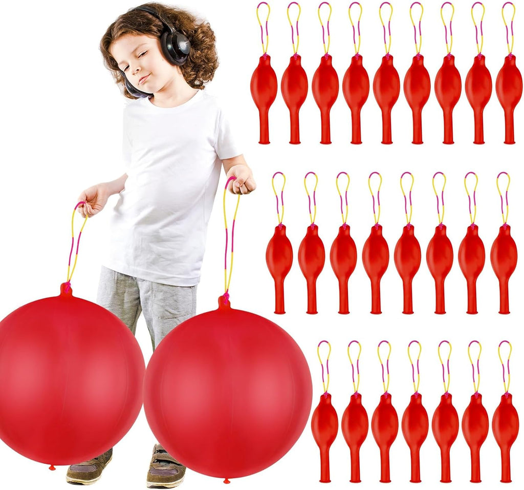 Skiennix 24 Pcs Red Punch Balloons - Heavy Duty Bounce Balloons with Rubber Band Handle for Kids' Parties