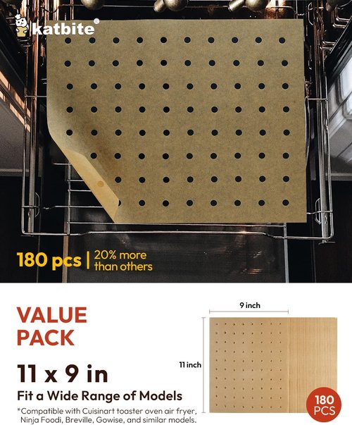 Katbite Air Fryer Parchment Paper Liners - 180 Count Disposable Perforated Sheets | 9x11 Inch Basket Accessories for Cuisinart & Ninja Foodi