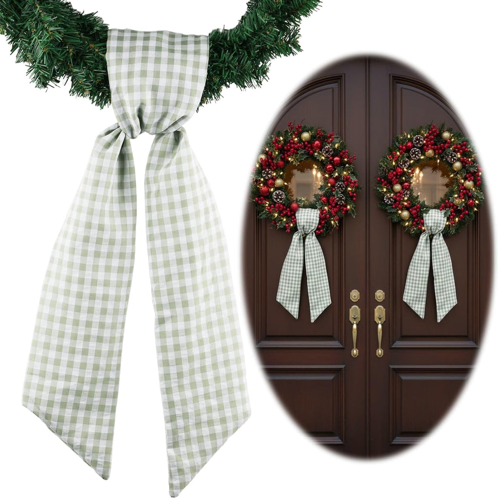 Skiennix Wreath Sash - Green and White Checkered Plaid Bow Ribbon Bundle | 2 Pack for Home Decor (5.12" x 54.33")