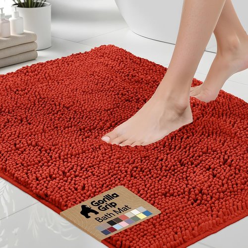 GORILLA GRIP Bath Rug Mat - Soft Absorbent Chenille with Quick Dry Microfiber | 24x17 Sunset Orange