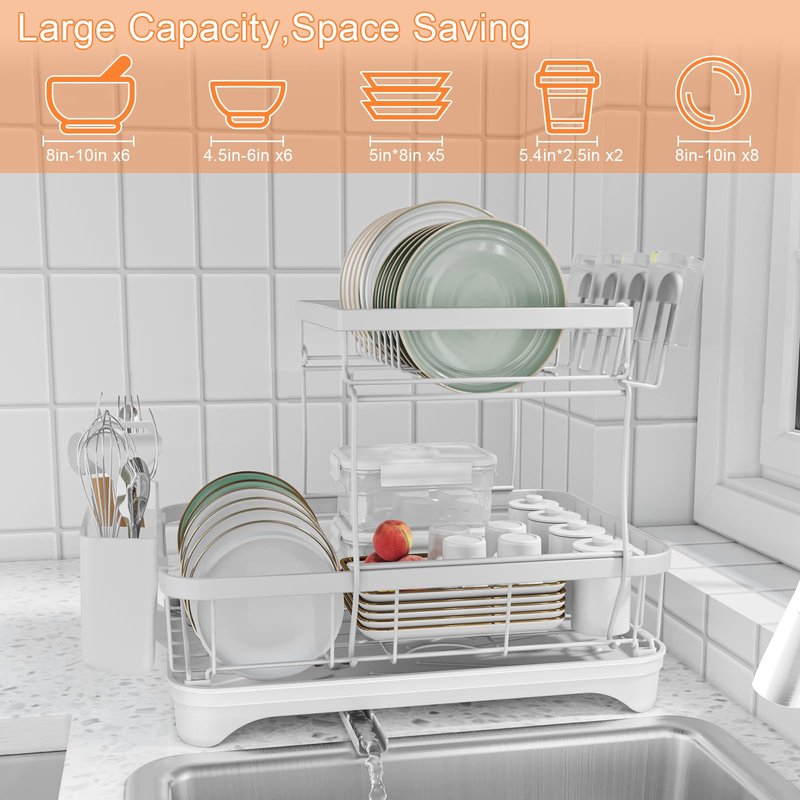 Dish Drying Rack - 304 Stainless Steel Dish Rack for Kitchen Counter , Adjustable Spout Auto-Draining Dish Rack, 2-Tier Kitchen Organizers and Storage Rack with Drainboard and Cutlery Holder White