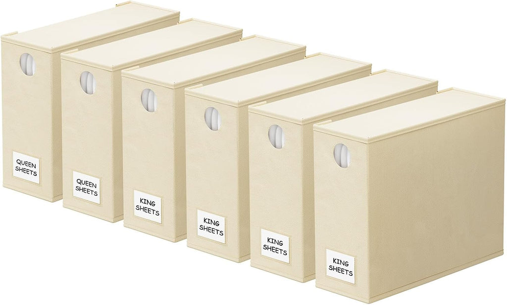 SpaceAid Bed Sheet Organizers - 6 Pack Foldable Storage with Window for Queen & King Size Bedding (Beige)