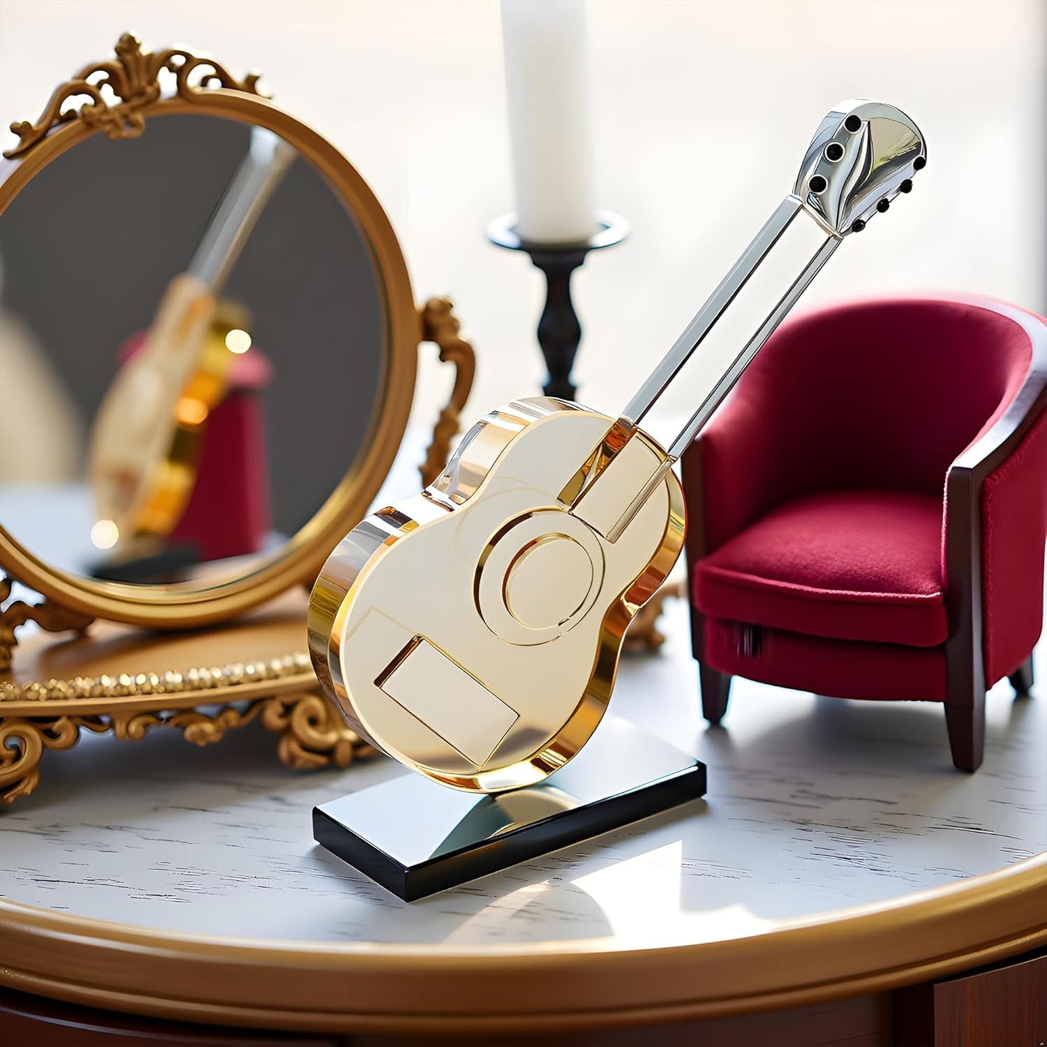QFkris Crystal Guitar Figurine - Blown Glass Musical Sculpture Paperweight | Champagne Color Decor