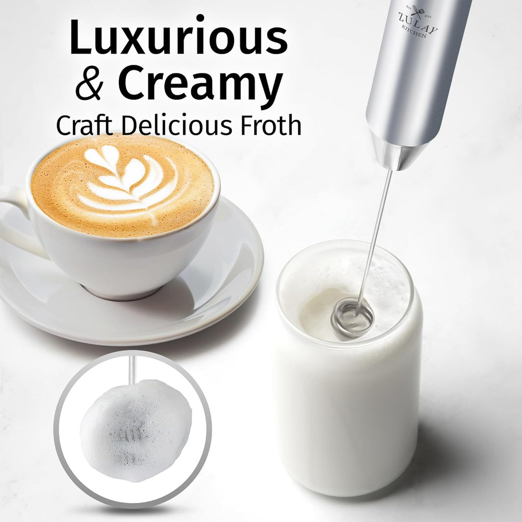 Zulay Kitchen Rechargeable Milk Frother - Powerful 2-Speed Motor, Waterproof, 2000mAh Battery | Perfect for Lattes, Cappuccinos & Matcha - Pure Silver
