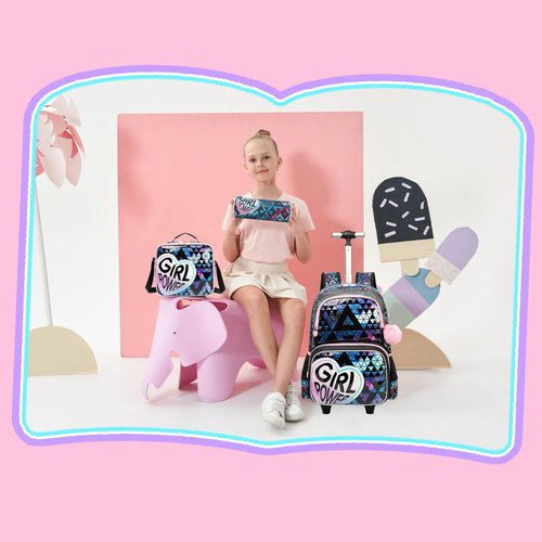 Meetbelify Rolling Backpack for Girls Backpack with Wheels for Elementary Student Kids School Bag with Lunch Box Pencil Case for Girls Ages 6-8 Years Old