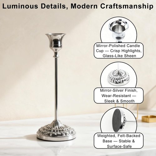 BEAHOT Silver Candle Holders - Set of 6 Elegant Non-Slip Holders with Matching Snuffer for Home Decor & Weddings