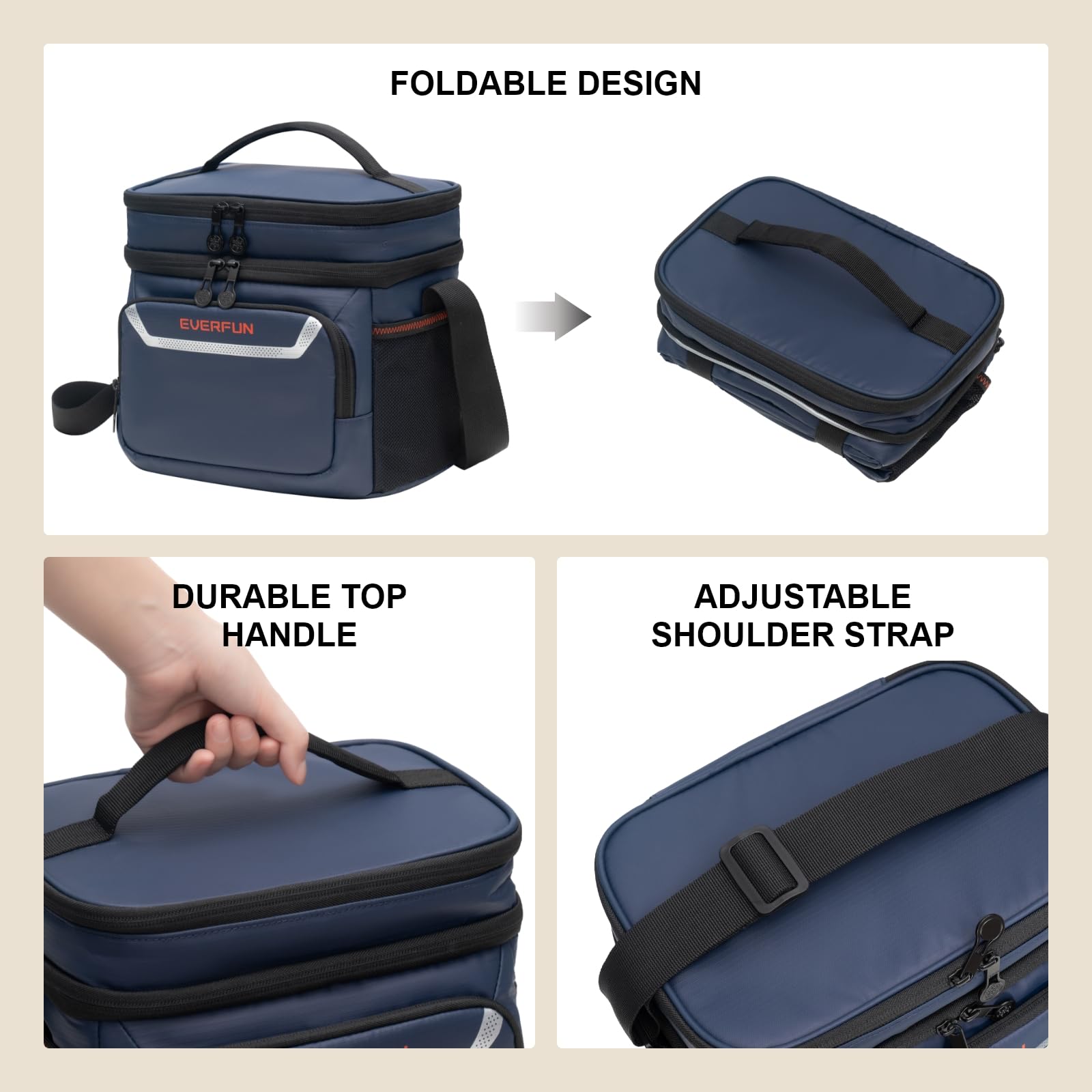 EVERFUN Insulated Lunch Bag Soft Lunch Box for Men Dual Compartments Small Lunch Box Collapsible Waterproof Leak-Proof for Work, Navy