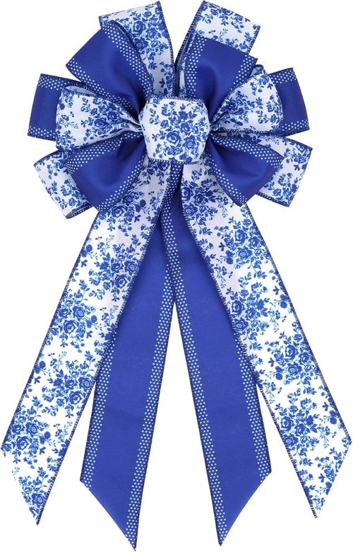 Chinoiserie Blue Wreath Bow - 21 Inch Large Floral Wired Ribbon for Spring Door Decor