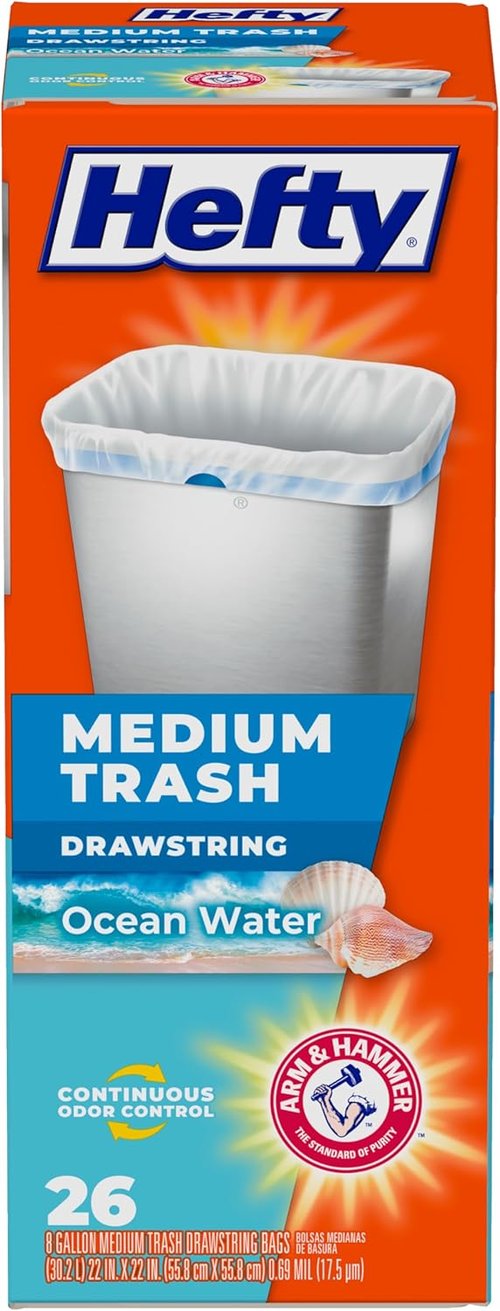 Hefty Medium Trash Bags - Ocean Water Scent | 8 Gallon Size, 26 Count Pack
