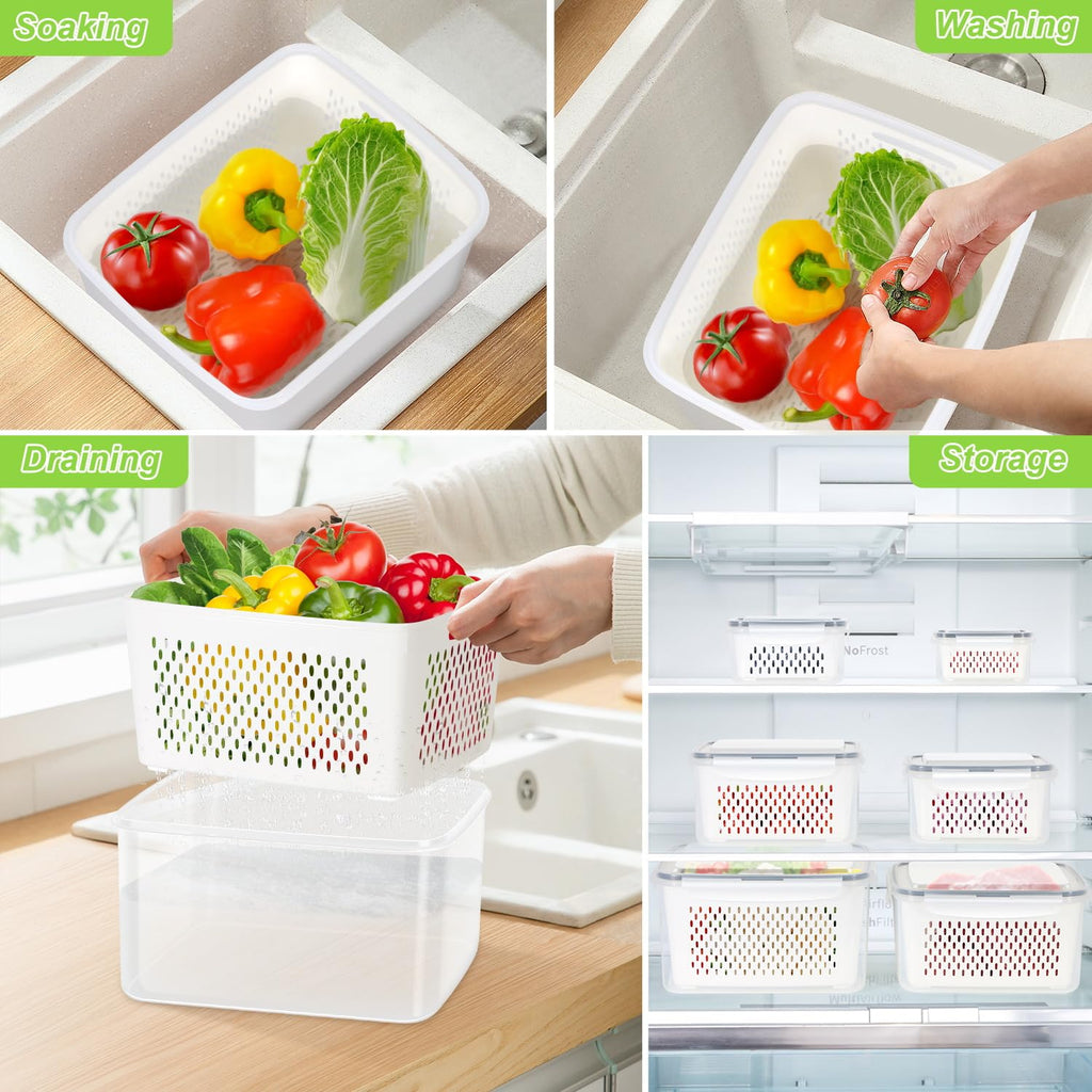 ODOMU 8 PS Fruit Storage Container for Fridge, Plastic Fruit Containers for Fridge with Removable Colander, Container for Fruit Berry Salad Lettuce, BPA Free Kitchen Refrigerator Organizers