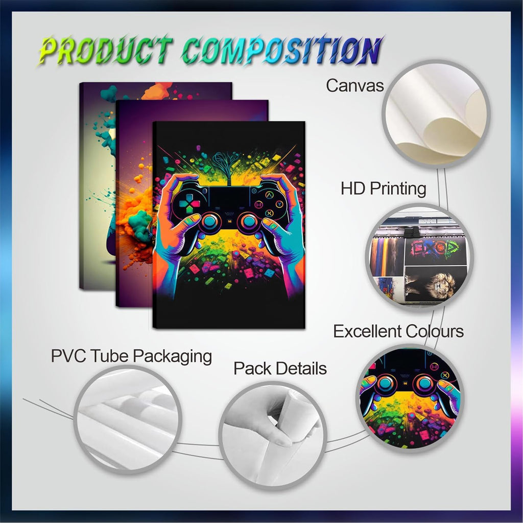 Skiennix Gaming Room Decor | Set of 3 Framed Canvas Posters - Video Game Controller Art for Boys' Bedrooms (16x24 in)