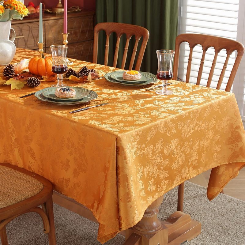 SASTYBALE Maple Leaves Jacquard Thanksgiving Tablecloth Rectangle Oil/Water Proof Fabric Damask Table Cloth for Fall, Autumn, Harvest, Rectangular/Oblong 52 x 70 Inch Amber