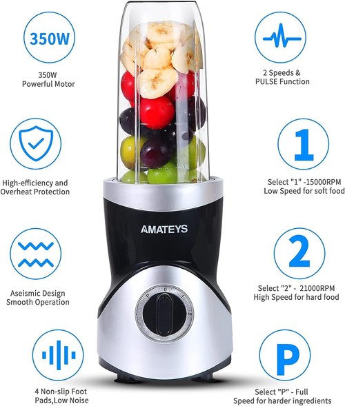 Amateys Personal Blender - Professional Smoothie Maker with Blending & Grinding Blades | Portable 24/10 Oz Travel Bottles