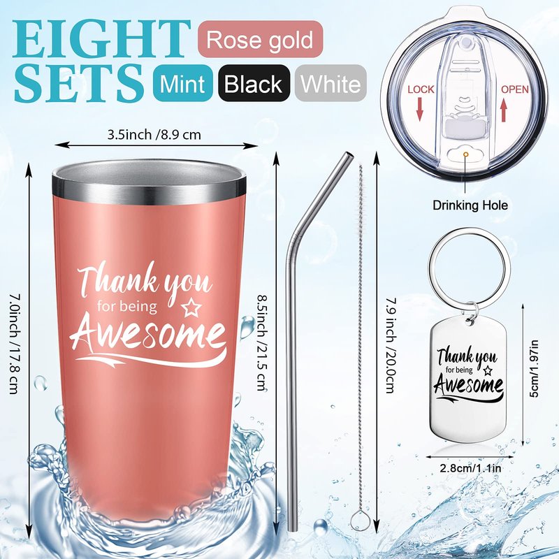 Sieral 16 Pieces Thank You for Being Awesome Tumbler, Thank You Supplies for Women Men 20oz Insulated Stainless Steel Travel Tumbler with Lid and Straw Appreciation Gift with Keychain (Classic Color)
