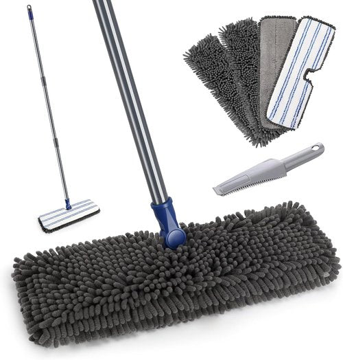 Masthome Flat Dust Mop | 2-Sided Microfiber Mop with 4 Reusable Pads for Wet & Dry Cleaning - Ideal for Hardwood, Tile, Vinyl