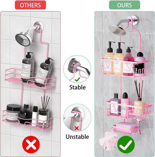 DAOYA Hanging Shower Caddy - Anti-Swing Organizer with 2 Soap Holders & Multi Hooks | Rustproof Pink Bathroom Accessory