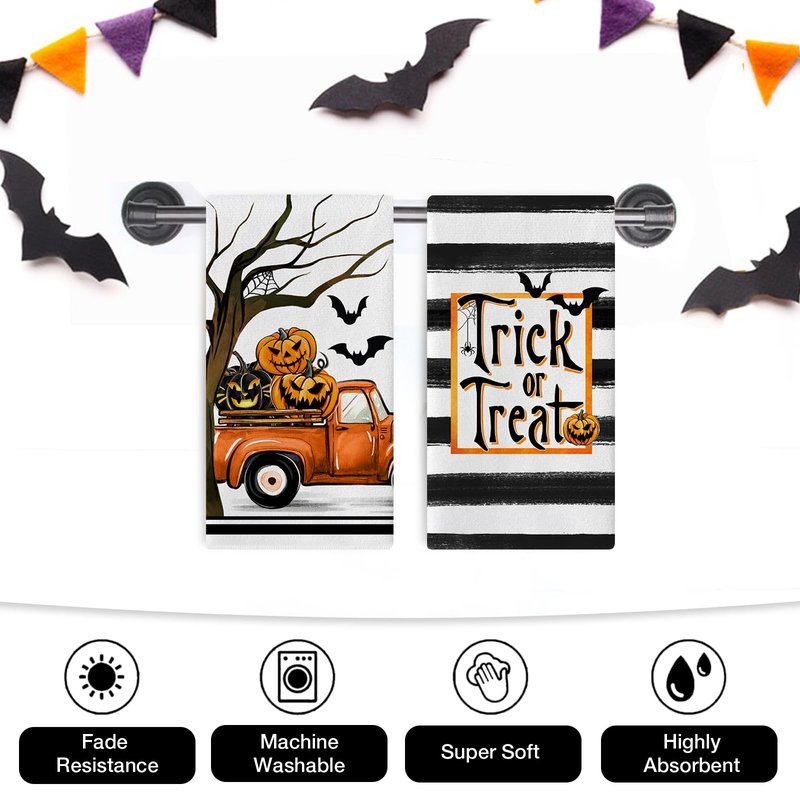 Seliem Halloween Trick or Treat Kitchen Dish Towels Set of 2, Jack O Lantern Pumpkin Truck Hand Towels Stripes Drying Baking Cooking Cloth, Spooky Bat Holiday Funny Home Kitchen Decor 18x26 Inch