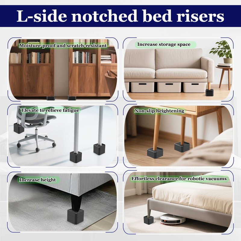 Bed Risers Heavy Duty, Adjustable Furniture Riser Blocks Lift 1.5, 3, 4.3 inches for Couch Table Desk Sofa Chair Legs, Refrigerator, Washing Machine - Support up to 4000 lbs (Black 4 Pack, 3 inch)
