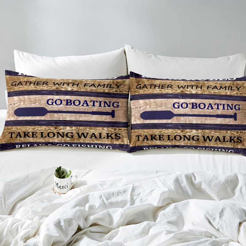 Lake House Sheet Set Queen Size, Paddle Retro Wood Grain Bed Sheets For Kids Teens Adult Women, Retro Rustic Farmhouse Fitted Sheet - Go Boating Flat Sheet - 2 Pillow Cases Lake Cabin Decor, Brown