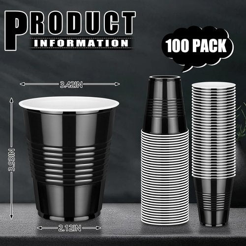 Dualshine 12 oz Black Plastic Cups - Heavy-Duty Disposable Drinking Cups for Parties & Events | 100 Pack