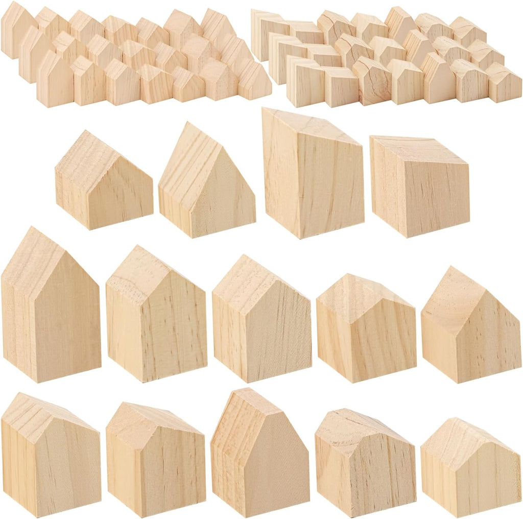Skiennix 56 PCS Unfinished Wood House Blocks - Versatile DIY Craft Shapes for Home Decor & Festive Projects