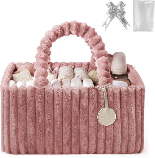 Blissful Diary Flannel Diaper Caddy Organizer - Cozy Plush Pink Nursery Storage Basket for Newborn Essentials