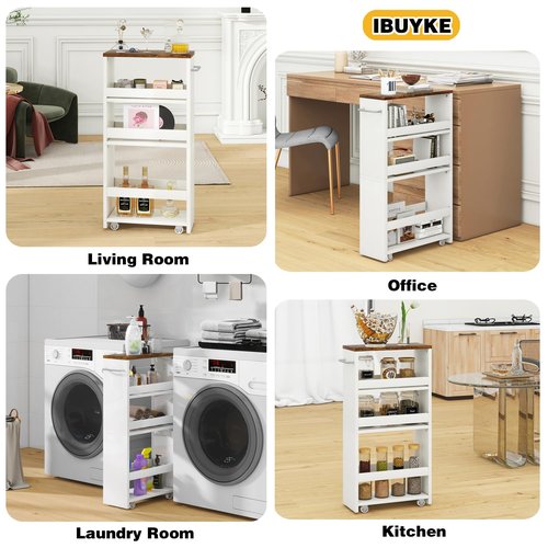 IBUYKE Slim Storage Cart 5.9" W, Rolling Organizer Trolley for Small Spaces, 4-Tier Laundry Cart with Handle, Slide Out Utility Cart for Kitchen, Living Room, Laundry,Narrow Places,White WST005W