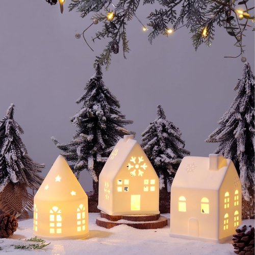 Christmas Village Sets - 3-Piece White Christmas Decorations | Rustic Farmhouse Decor for Home