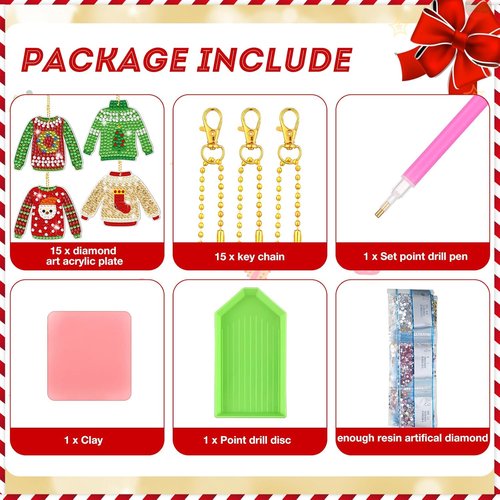 Estune 15 Pcs Christmas Keychain Kits - 5D DIY Diamond Art for Holiday Decor & Crafts