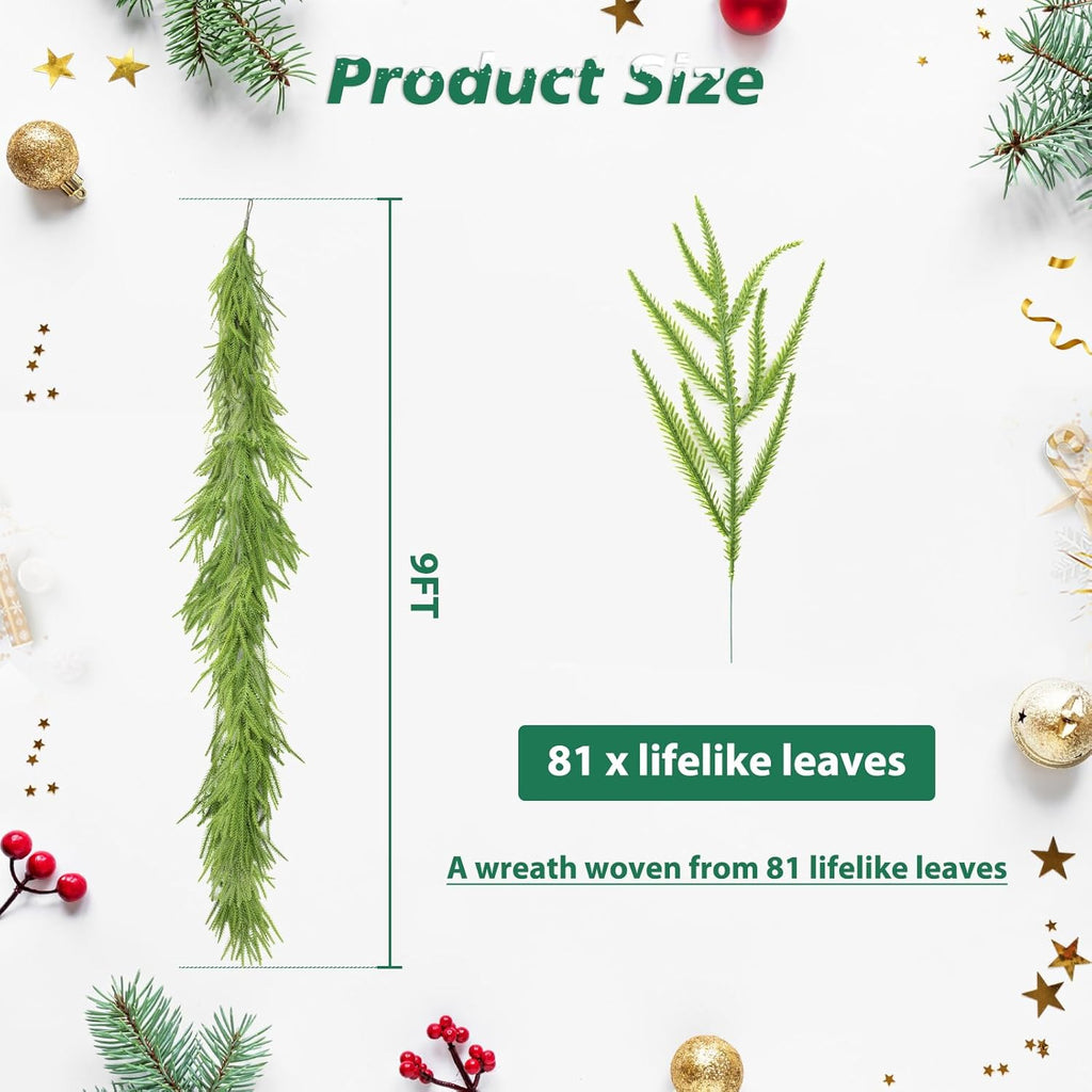 Norfolk Pine Garland - 9 Ft Realistic Faux Pine for Holiday Decor | Perfect for Mantle, Wall & Table