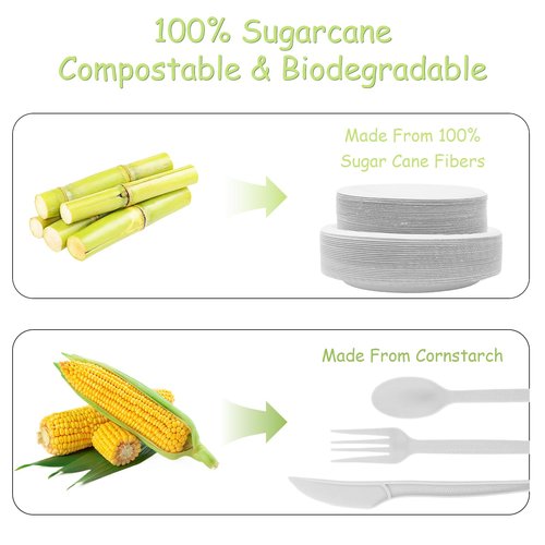 Diihossbox 150 Piece (25 Sets) Biodegradable Paper Plates Set Disposable Heavy-Duty Eco Friendly Dinnerware Set,Include Plates,Forks,Knives,Spoons,Napkins for Birthday Camping Party Picnic BBQ