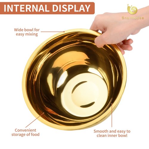 Snailhouse Mixing Bowl, 2 Quart Stainless Steel Salad Serving Large Metal Nesting Baking Cooking Big Bowls for Kitchen Entertaining, Gold