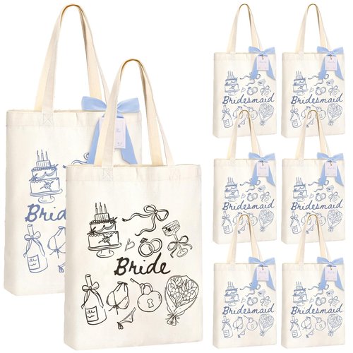 Hennchi 8 Pieces Bridesmaid Tote Bags Reusable Canvas Bridesmaid Gift Bags for Bridal Shower Bachelorette Beach Tote(Bride and Bridesmaid, Dusty Blue,Black)