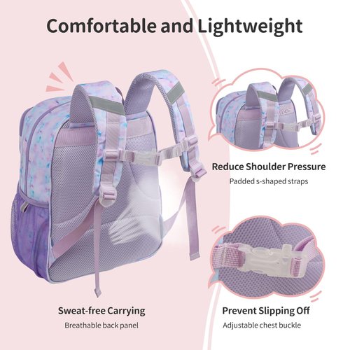 BrainyBees Kids Backpack for Girls Kindergarten - 15 Inch Lightweight School Bookbag fits Folder, Backpack for Kids 4-7 with Leakproof Insulated Pocket for Lunch and Snacks, Purple Tie-dye