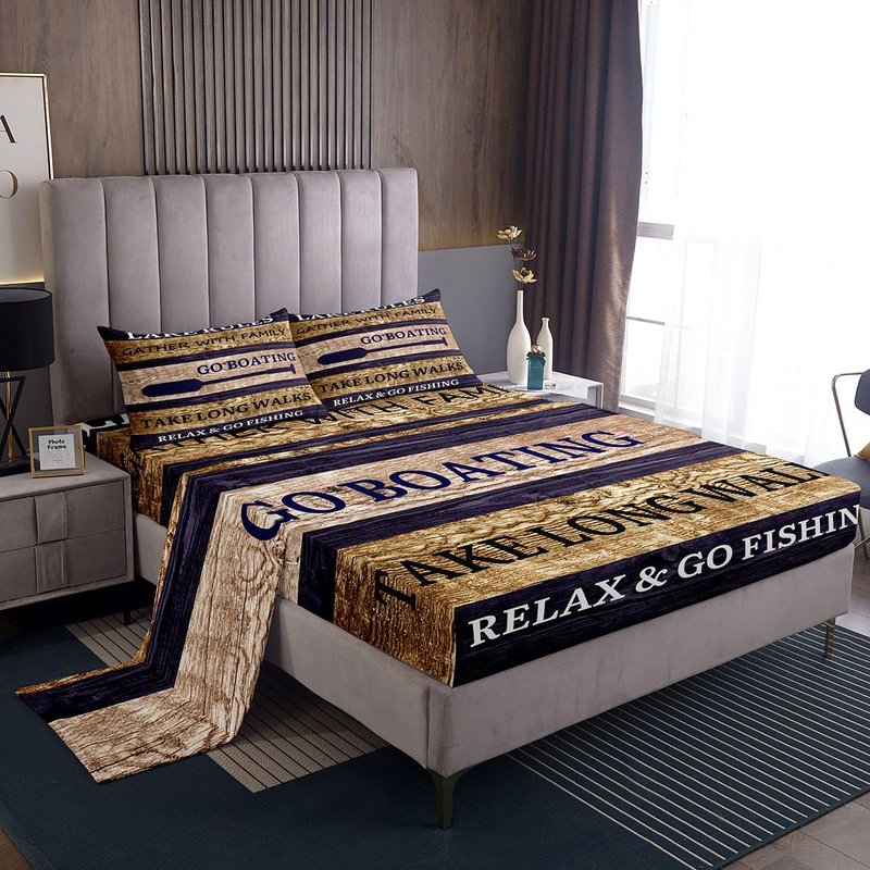 Lake House Sheet Set Queen Size, Paddle Retro Wood Grain Bed Sheets For Kids Teens Adult Women, Retro Rustic Farmhouse Fitted Sheet - Go Boating Flat Sheet - 2 Pillow Cases Lake Cabin Decor, Brown