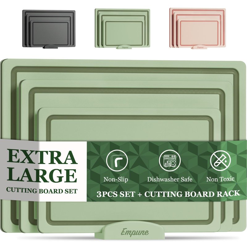 Empune Plastic Cutting Board Set, Recycled Plastic Cutting Boards for Kitchen (Set of 3), Dishwasher Safe Large Chopping Board with Holder, Non-slip Feet and Juice Grooves, Nonporous, Green